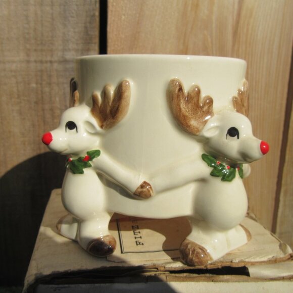 Vintage Fitz & Floyd 4 Rudolphs Christmas Candy Dish w/ Votive Candle JAPAN - Picture 2 of 6